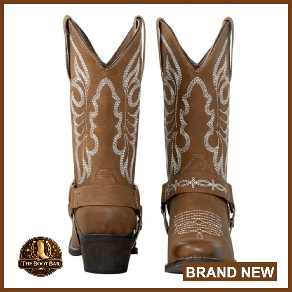 Square Toe Cowgirl Boots Mid Calf Western Riding Boots with Removable Buckle - Picture 4 of 7